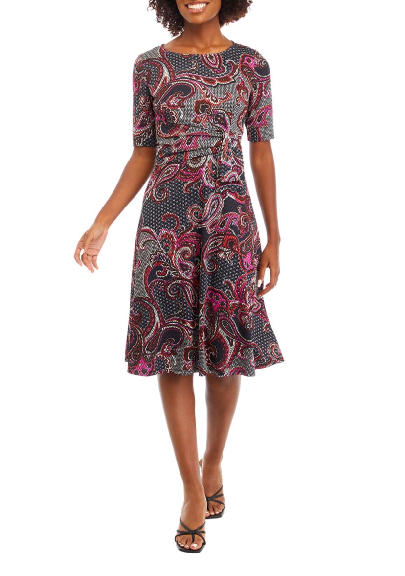 Womens Short Sleeve Round Neck Paisley Print Fit and Flare Dress