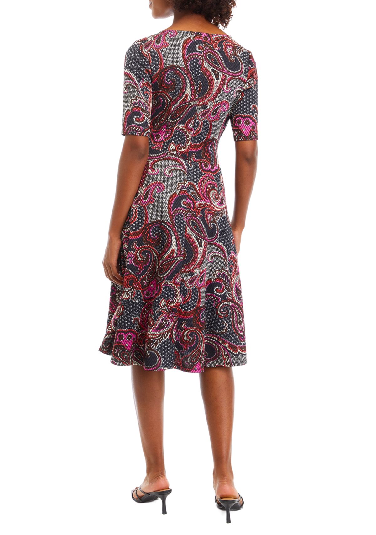 Womens Short Sleeve Round Neck Paisley Print Fit and Flare Dress