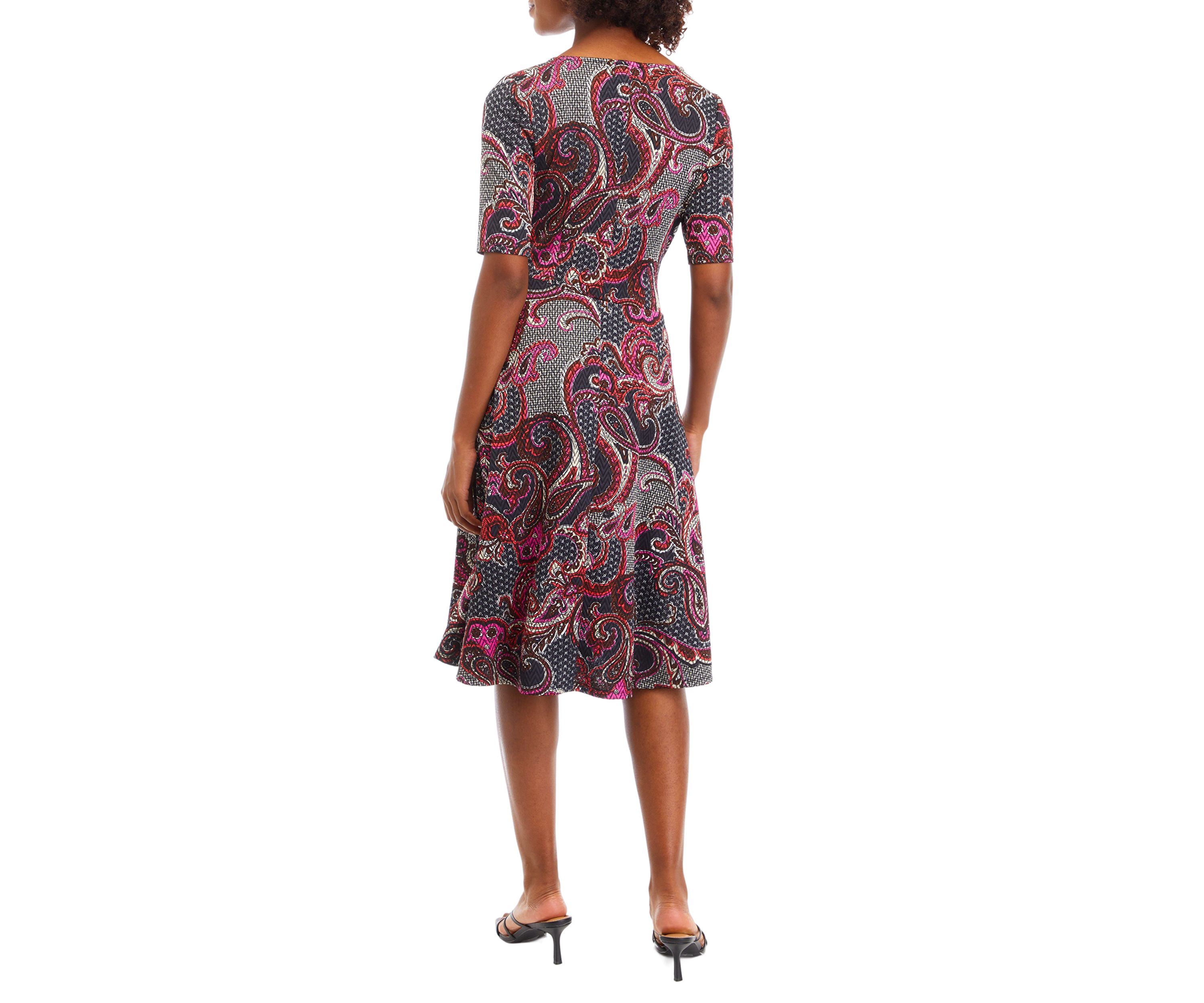 Womens Short Sleeve Round Neck Paisley Print Fit and Flare Dress