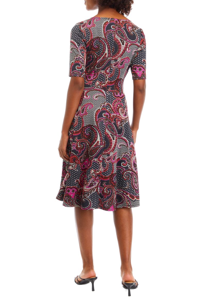 Womens Short Sleeve Round Neck Paisley Print Fit and Flare Dress