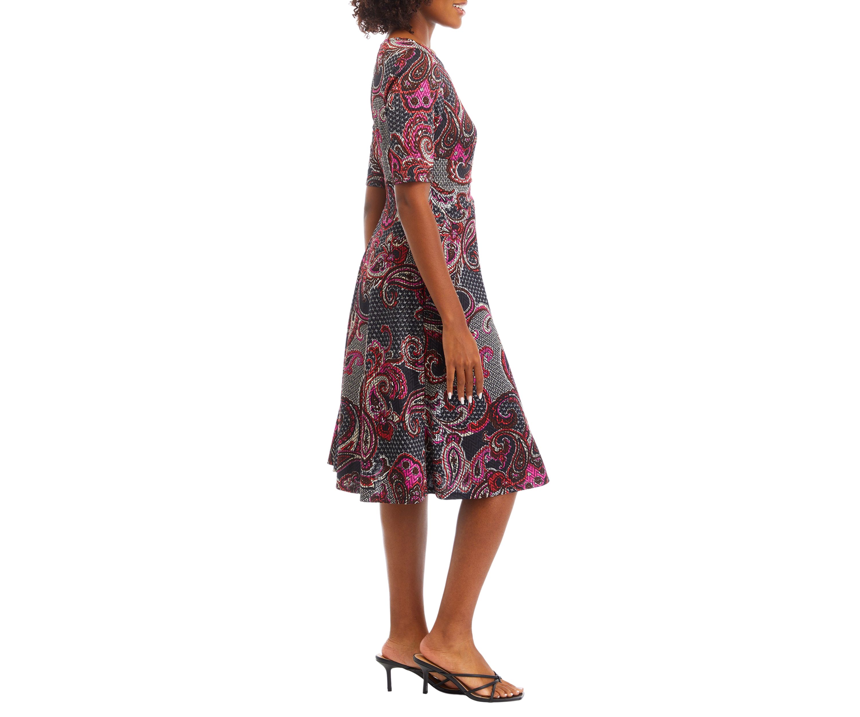 Womens Short Sleeve Round Neck Paisley Print Fit and Flare Dress
