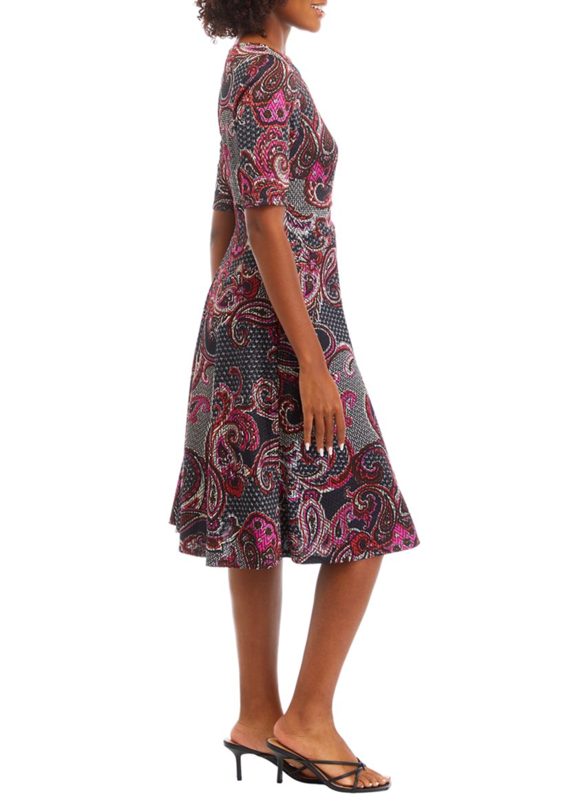Womens Short Sleeve Round Neck Paisley Print Fit and Flare Dress