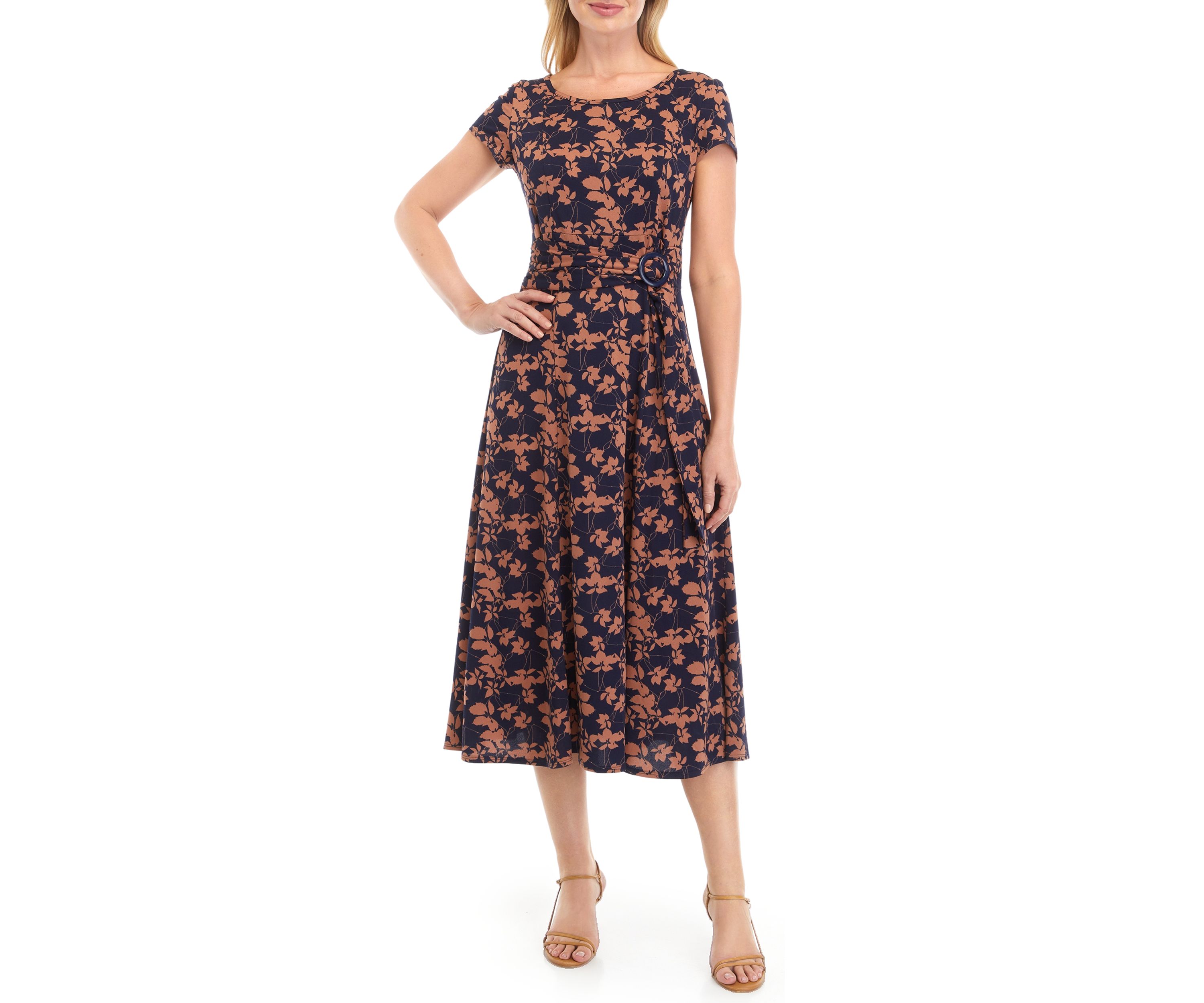 Womens Short Sleeve Round Neck Printed Side Belt Fit and Flare Dress