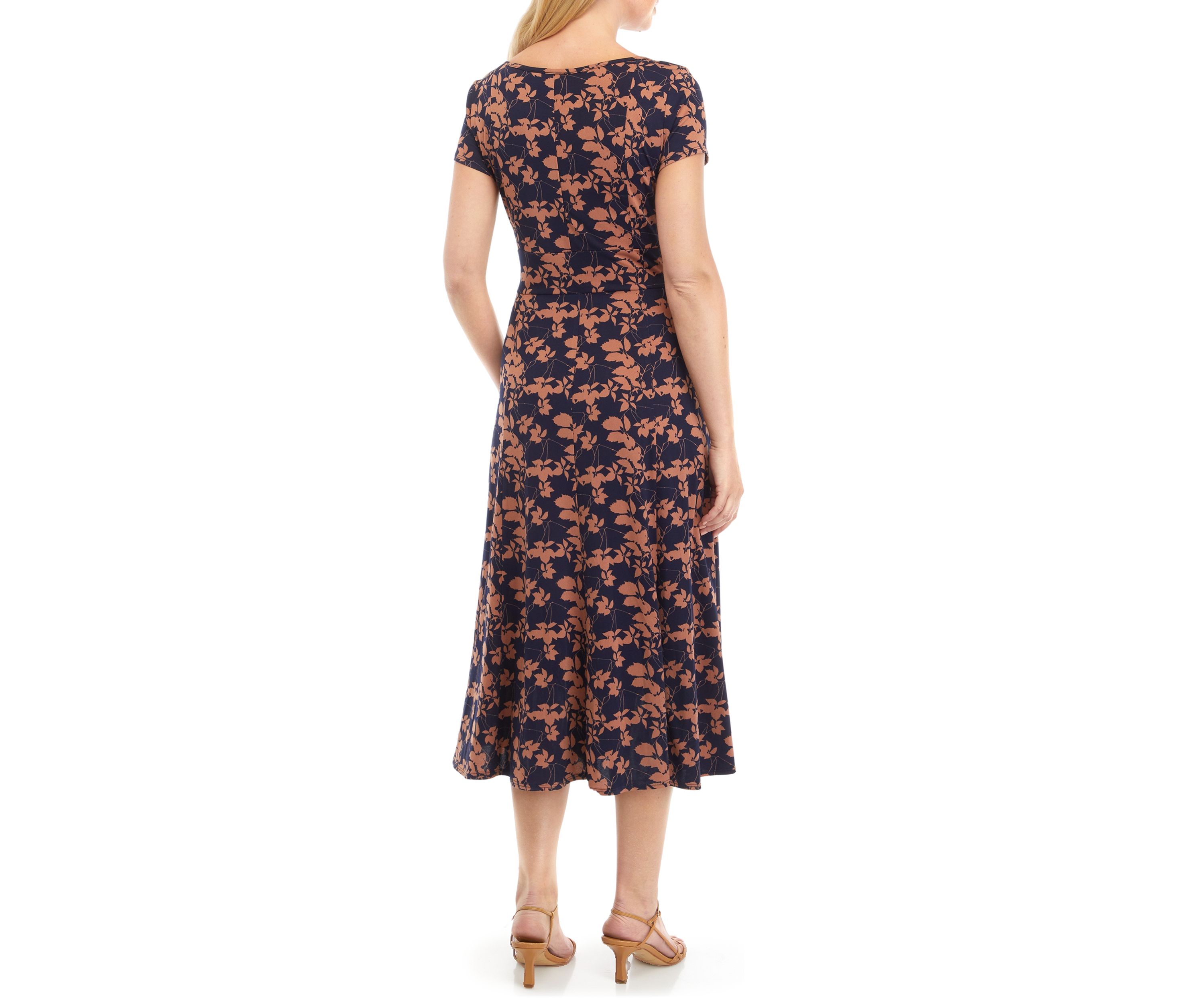 Womens Short Sleeve Round Neck Printed Side Belt Fit and Flare Dress