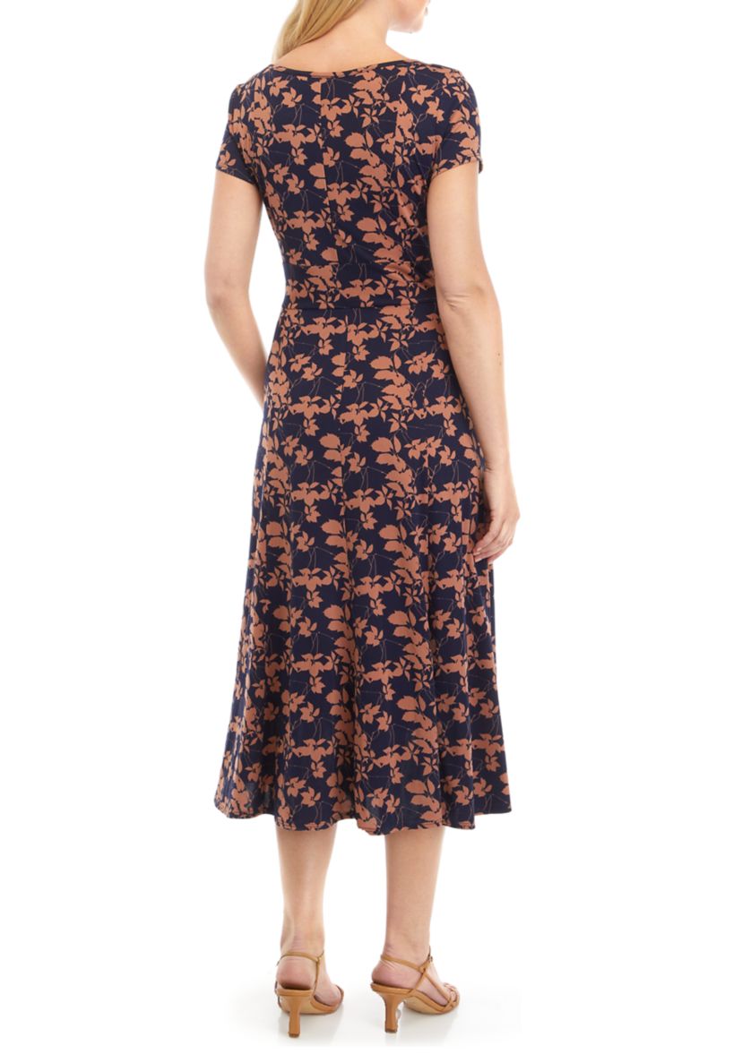 Womens Short Sleeve Round Neck Printed Side Belt Fit and Flare Dress