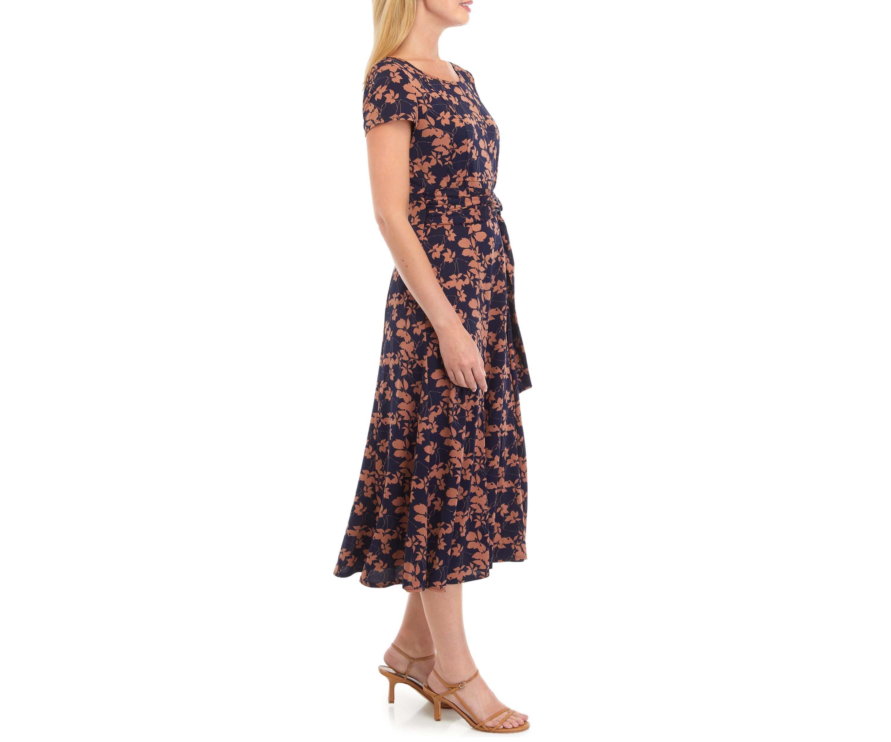 Womens Short Sleeve Round Neck Printed Side Belt Fit and Flare Dress