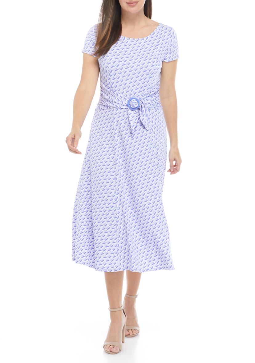 Womens Cap Sleeve Geometric Print Ring Waist Midi Dress