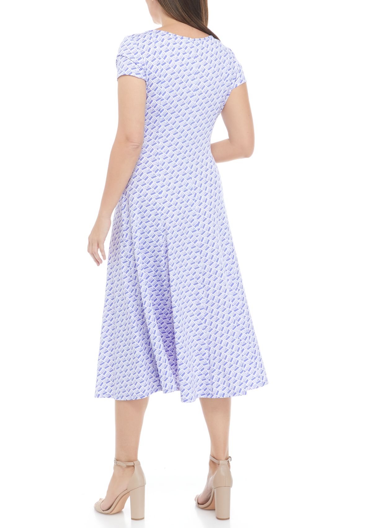 Womens Cap Sleeve Geometric Print Ring Waist Midi Dress