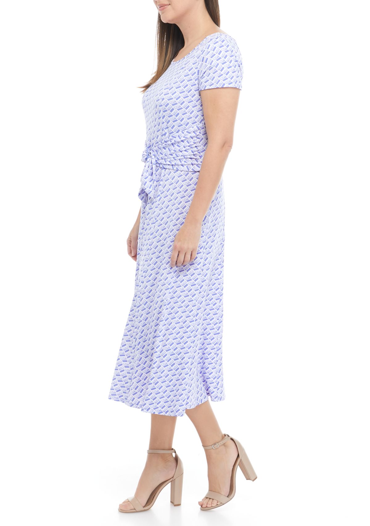 Womens Cap Sleeve Geometric Print Ring Waist Midi Dress
