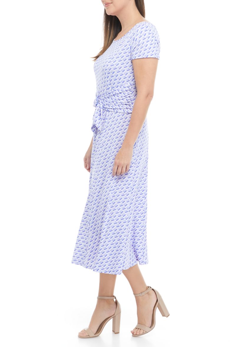 Womens Cap Sleeve Geometric Print Ring Waist Midi Dress