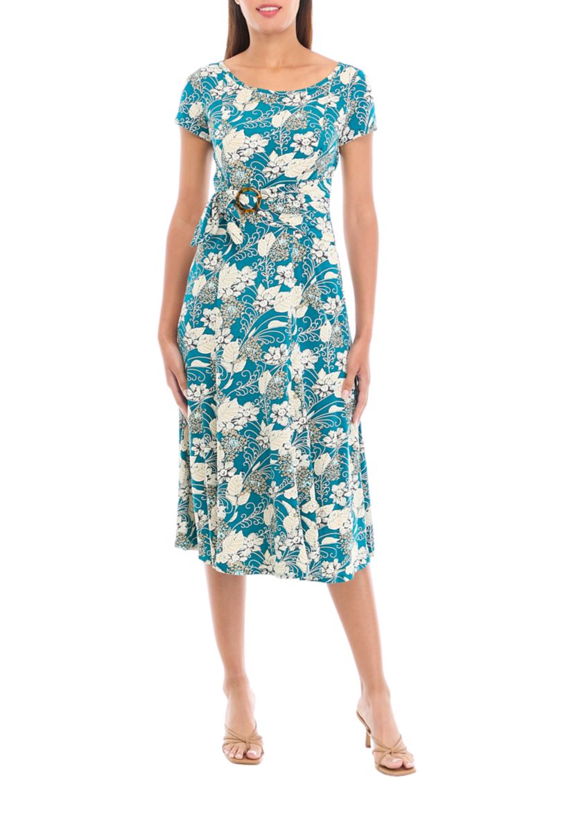 Womens Short Sleeve Floral Print Tie Waist Fit and Flare Dress