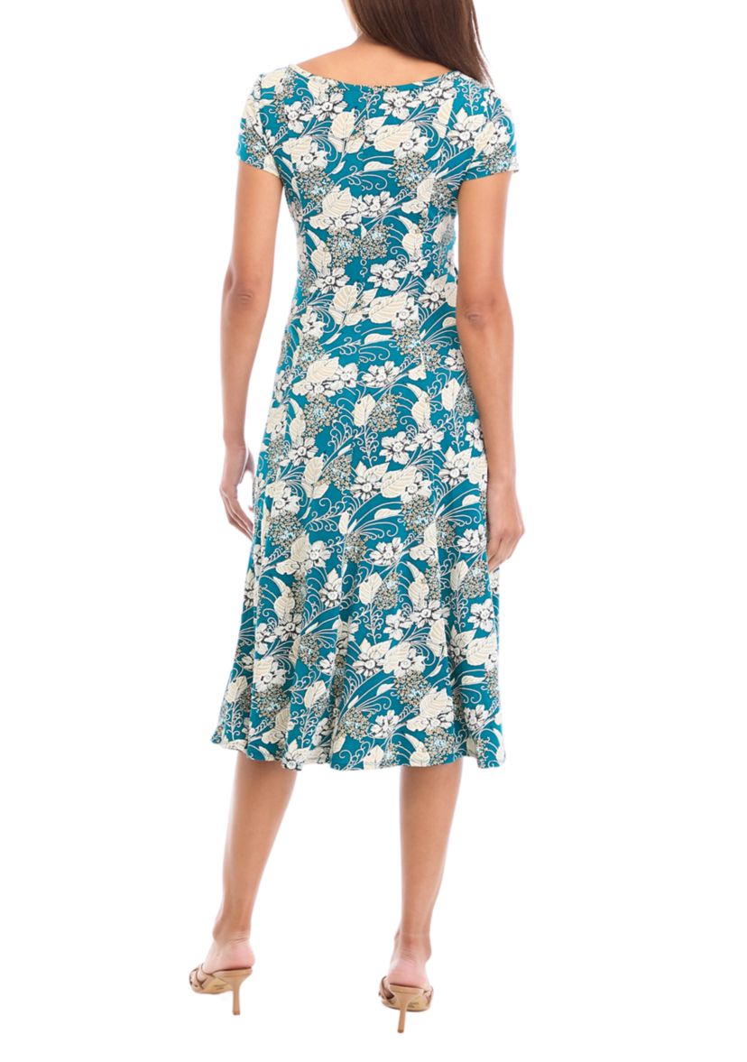 Womens Short Sleeve Floral Print Tie Waist Fit and Flare Dress