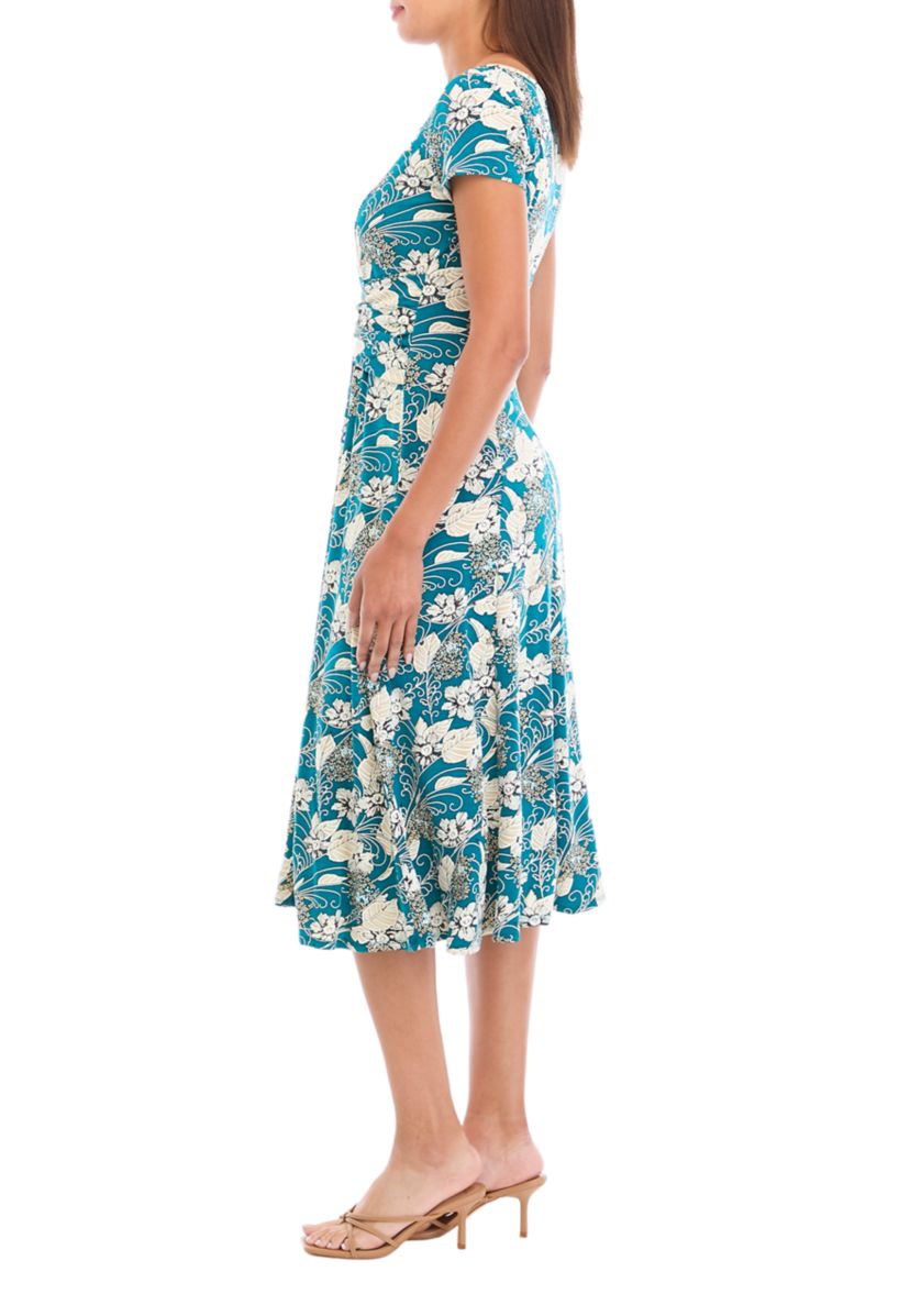 Womens Short Sleeve Floral Print Tie Waist Fit and Flare Dress
