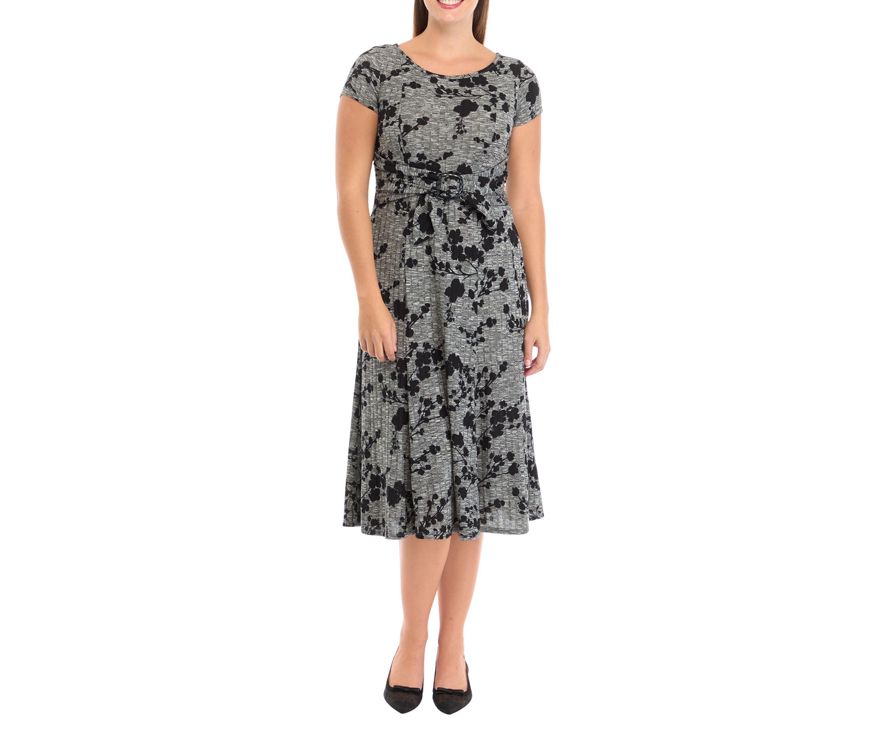 Womens Short Sleeve Crew Neck Printed Tie Wrap Fit and Flare Dress