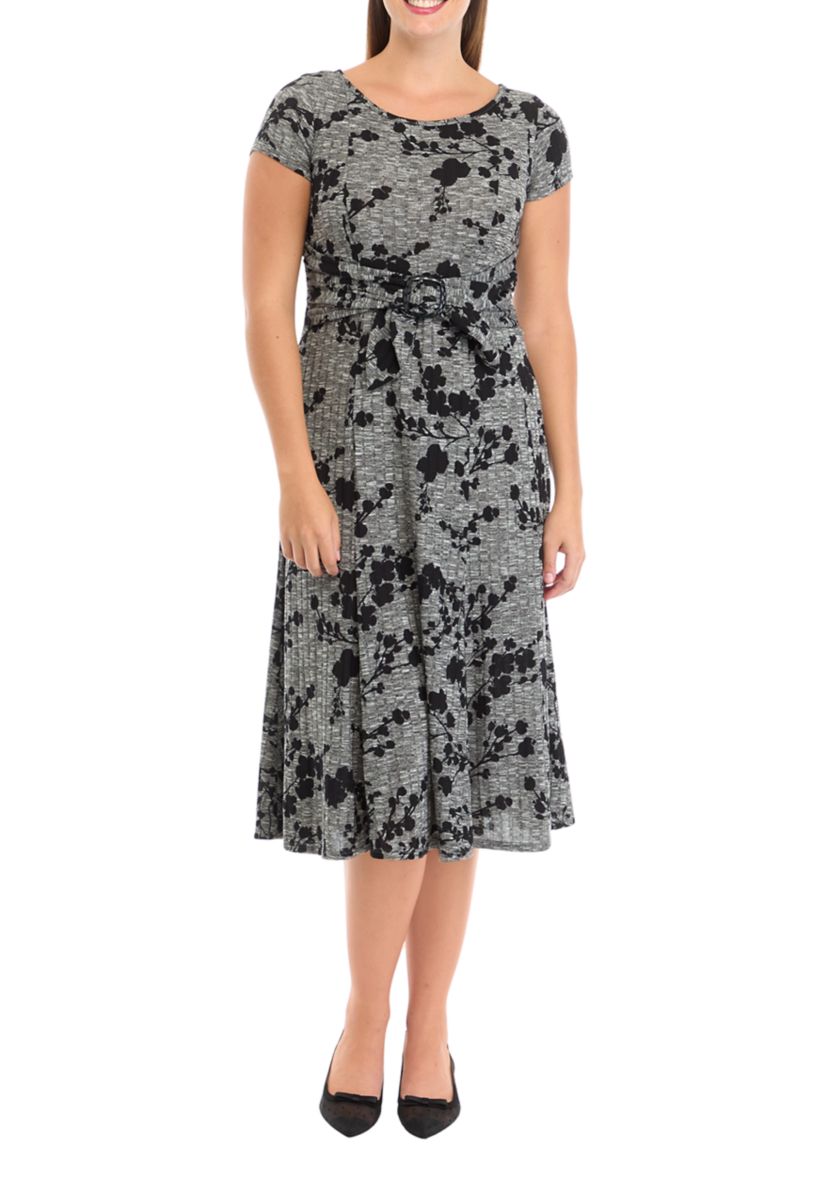 Womens Short Sleeve Crew Neck Printed Tie Wrap Fit and Flare Dress