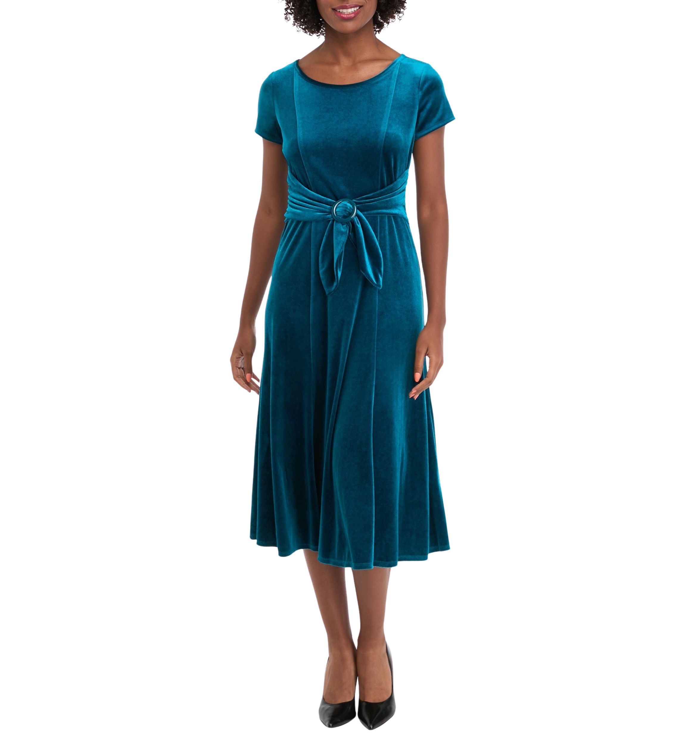 Womens Cap Sleeve Scoop Neck Tie Waist Velvet Dress