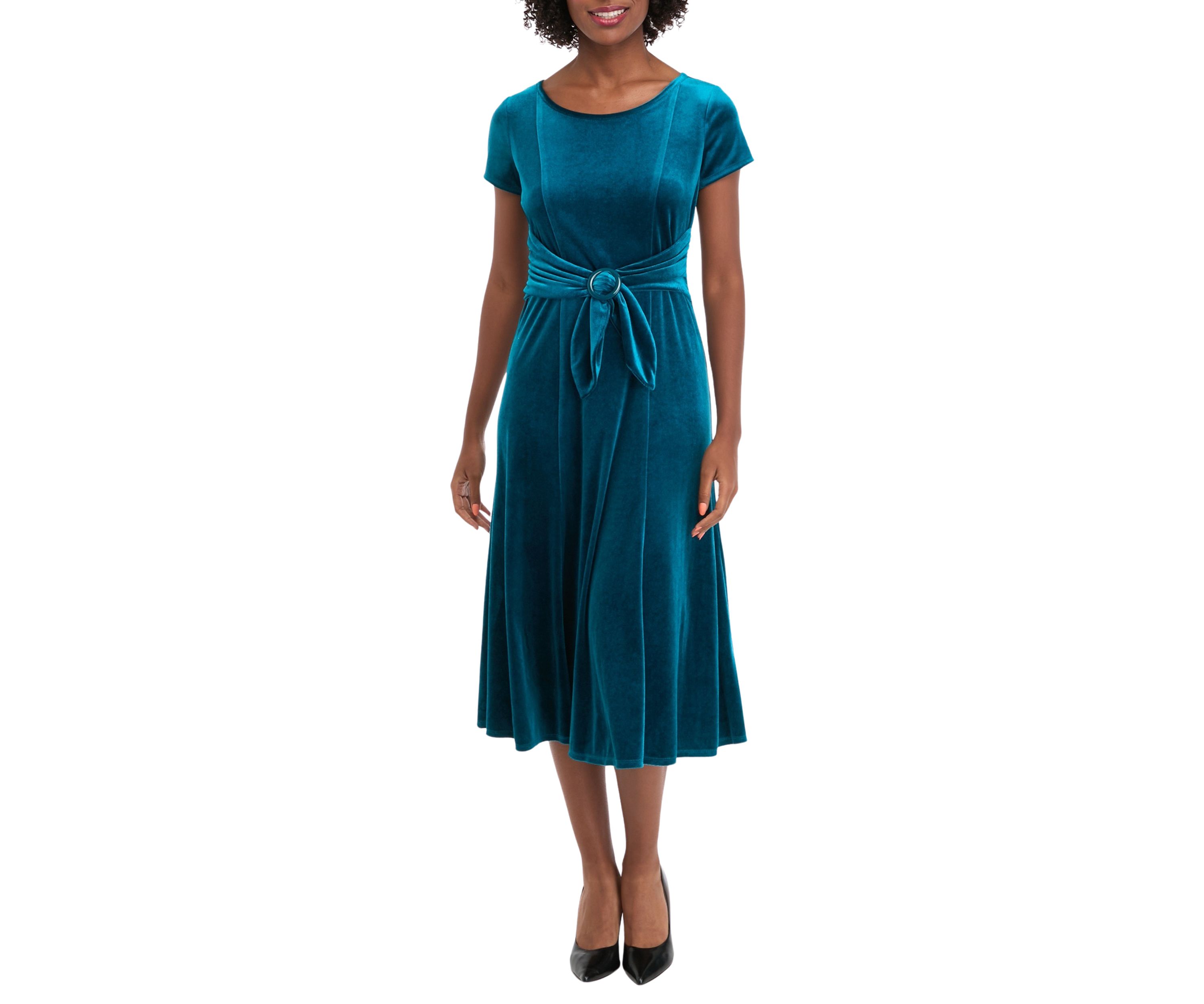 Womens Cap Sleeve Scoop Neck Tie Waist Velvet Dress