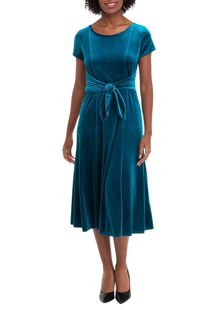 Womens Cap Sleeve Scoop Neck Tie Waist Velvet Dress