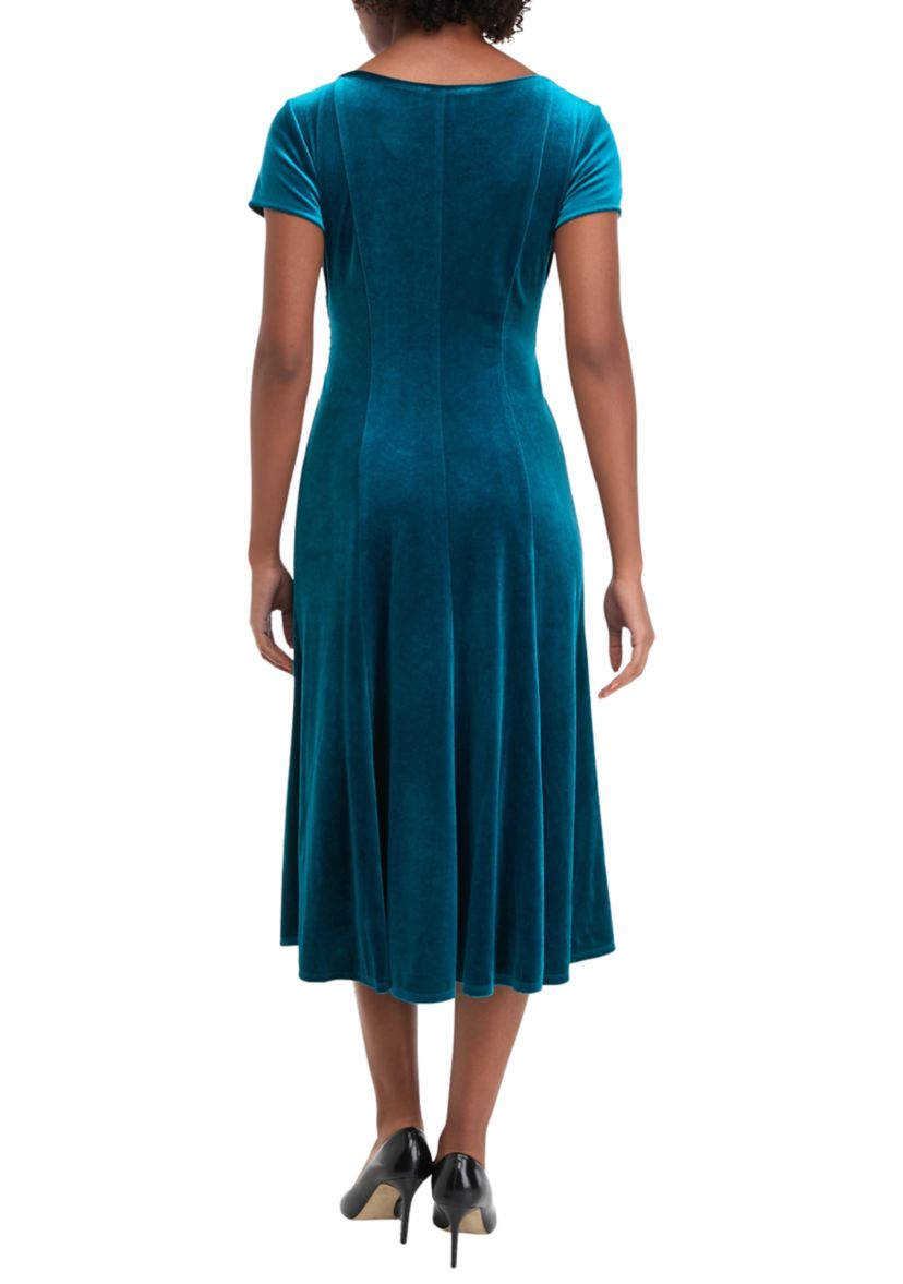 Womens Cap Sleeve Scoop Neck Tie Waist Velvet Dress