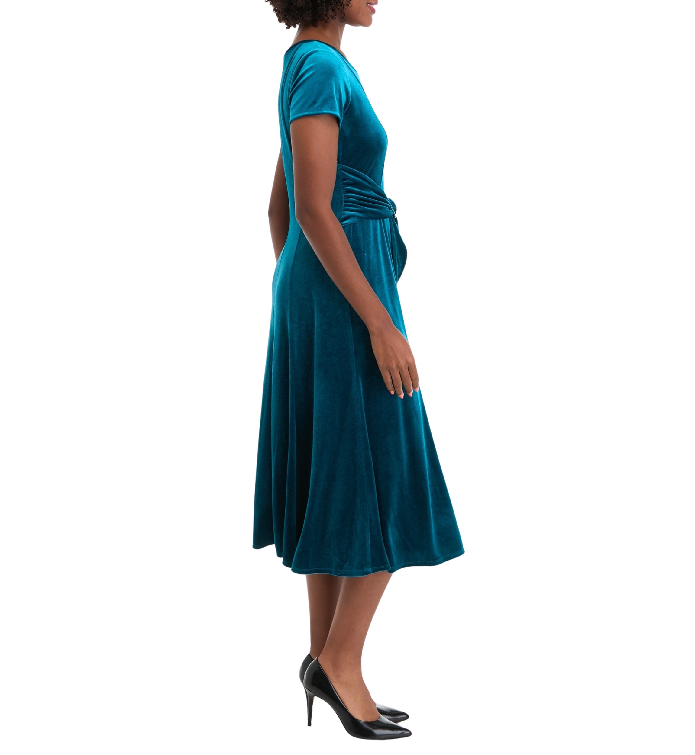Womens Cap Sleeve Scoop Neck Tie Waist Velvet Dress