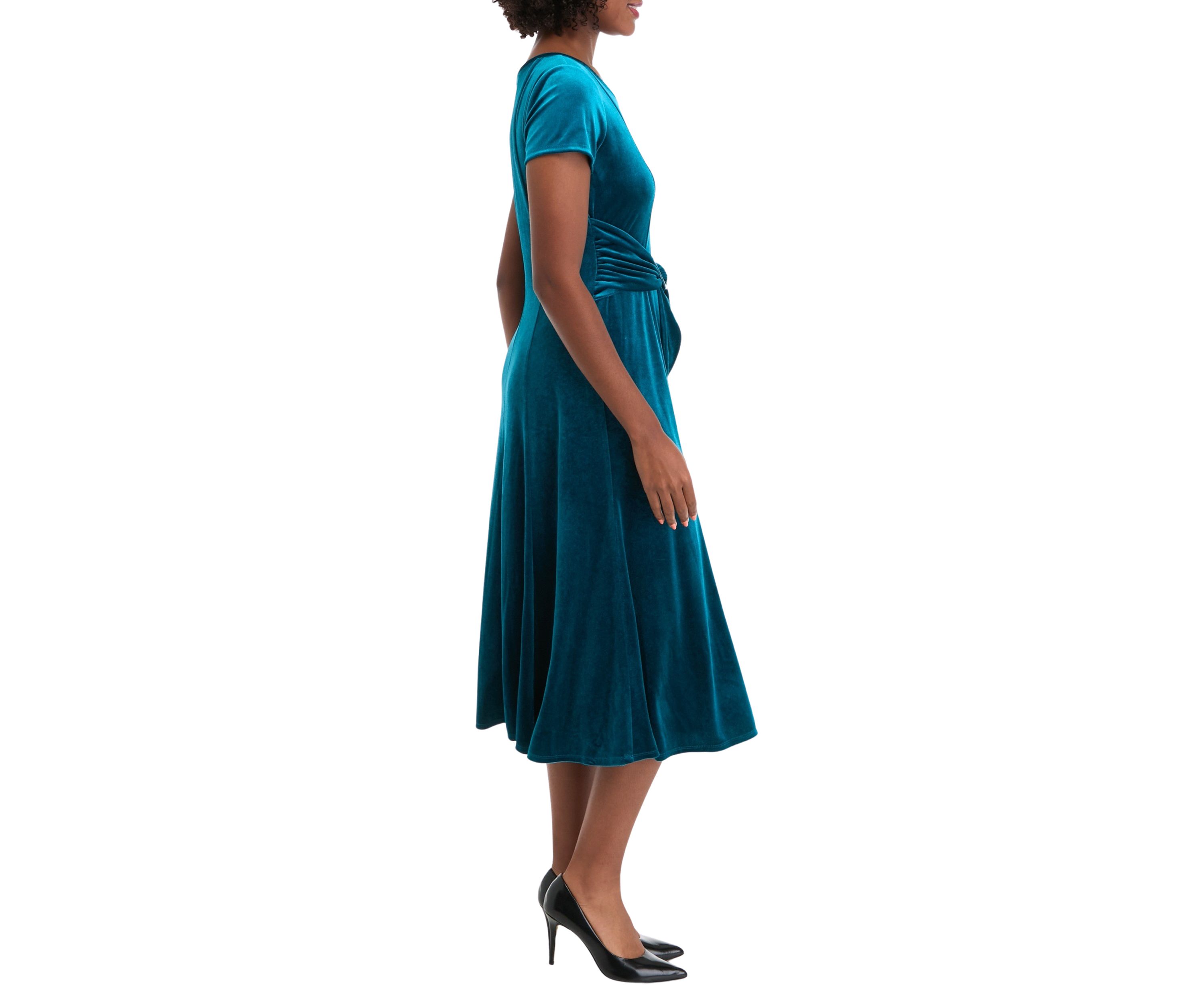 Womens Cap Sleeve Scoop Neck Tie Waist Velvet Dress