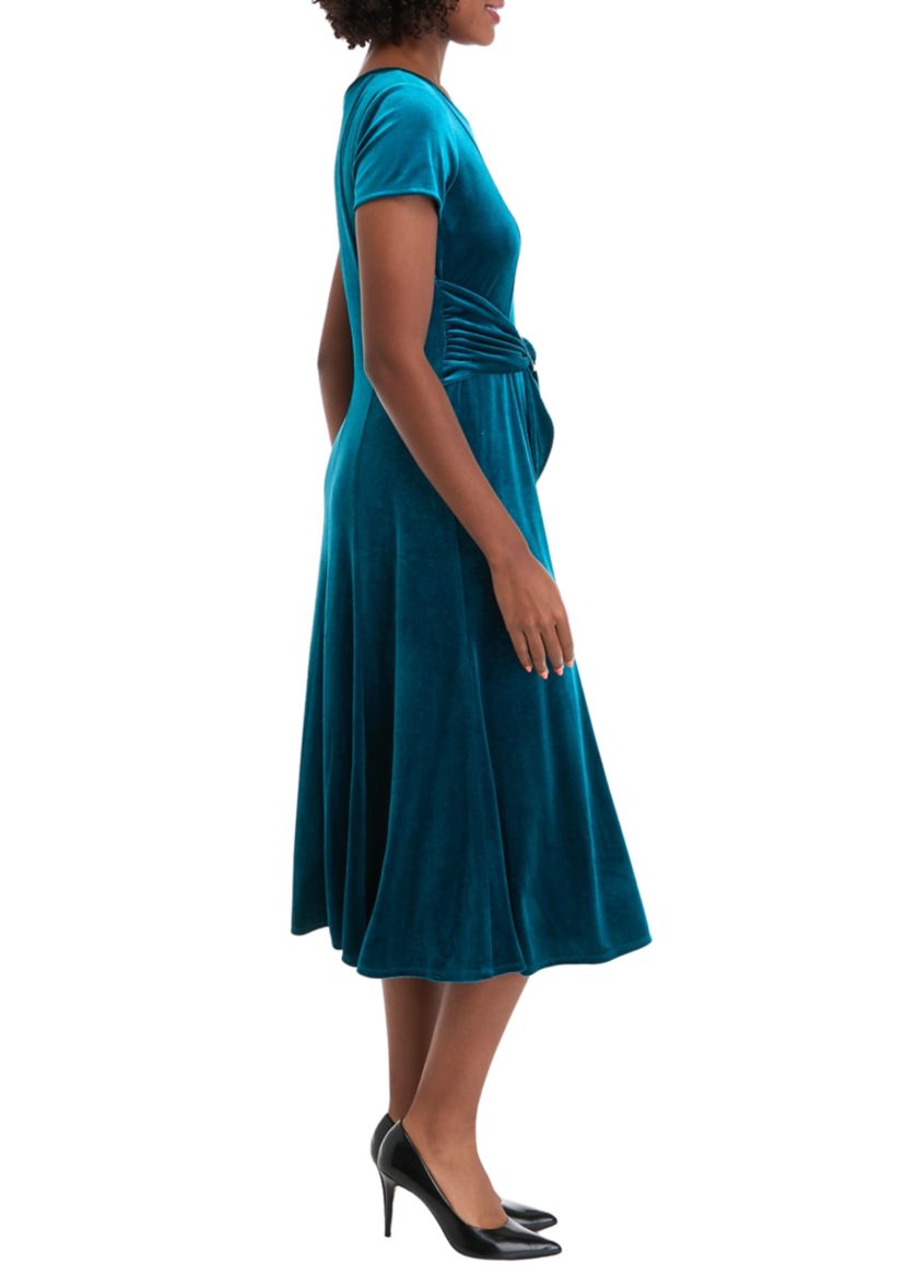 Womens Cap Sleeve Scoop Neck Tie Waist Velvet Dress