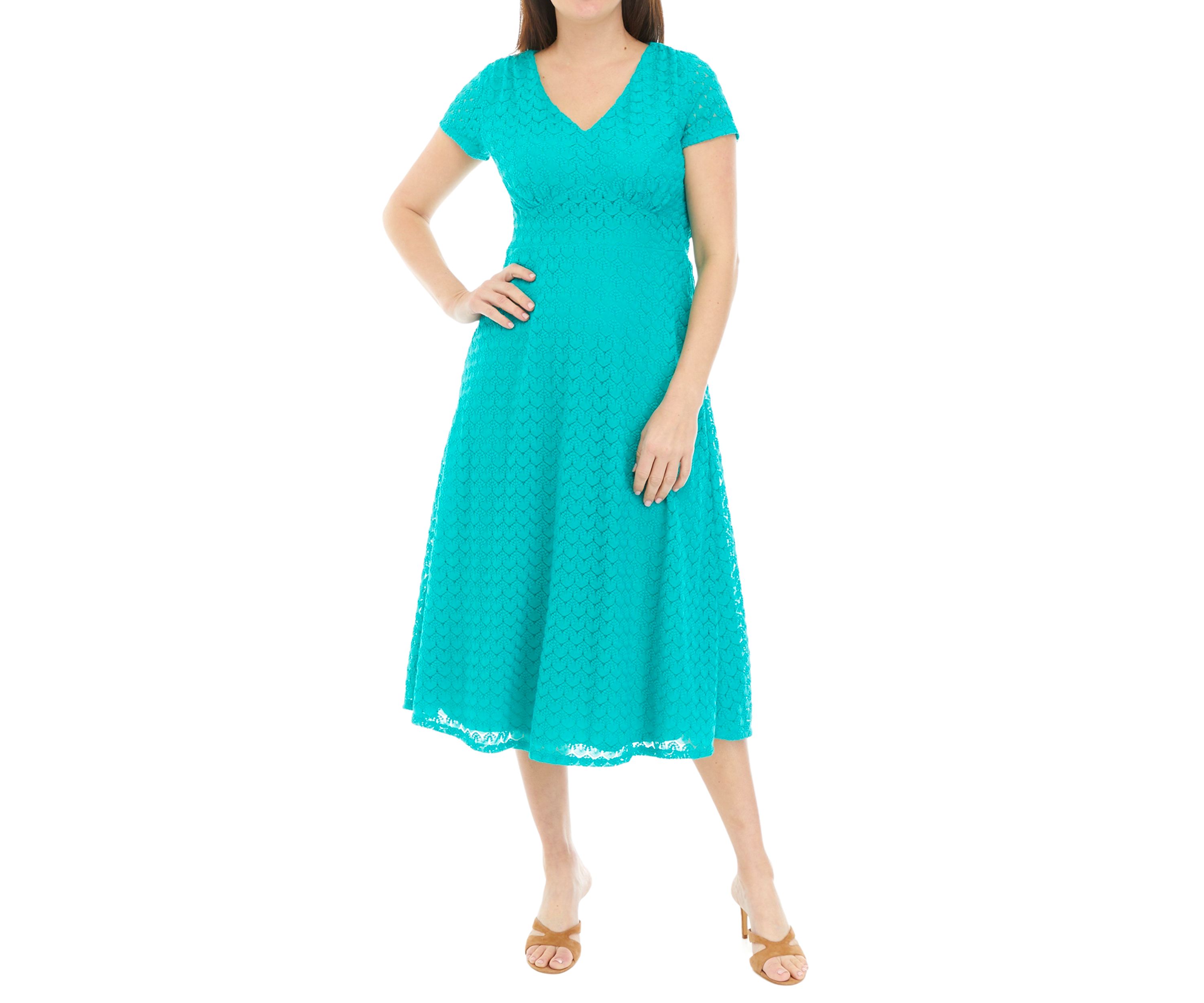 Womens Short Sleeve V-Neck Lace Midi Dress