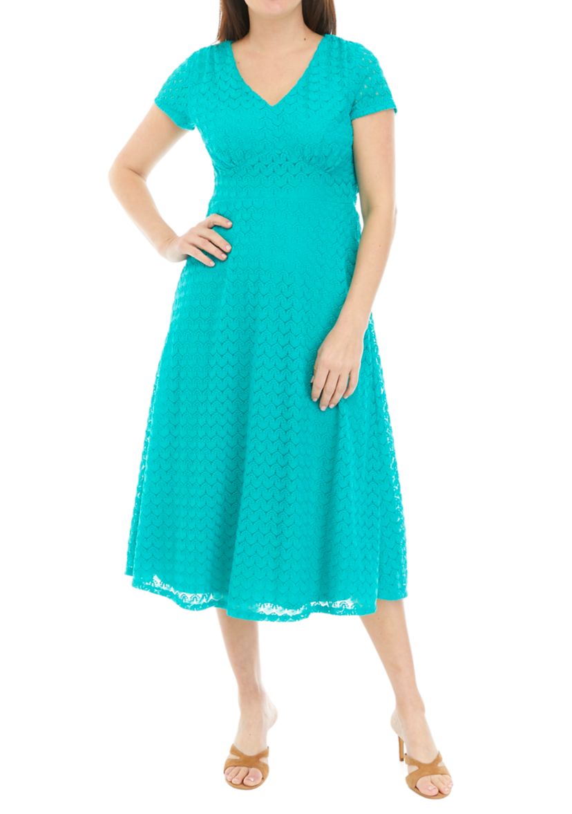 Womens Short Sleeve V-Neck Lace Midi Dress