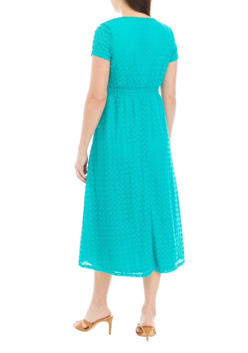 Womens Short Sleeve V-Neck Lace Midi Dress