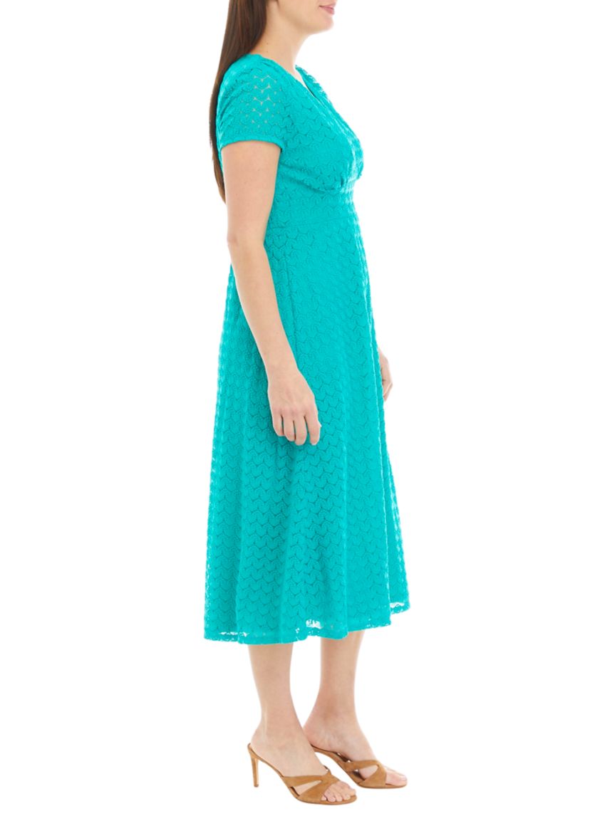Womens Short Sleeve V-Neck Lace Midi Dress