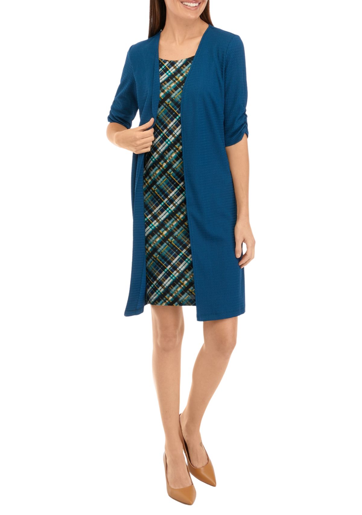 Womens Elbow Sleeve Plaid Jacket Dress