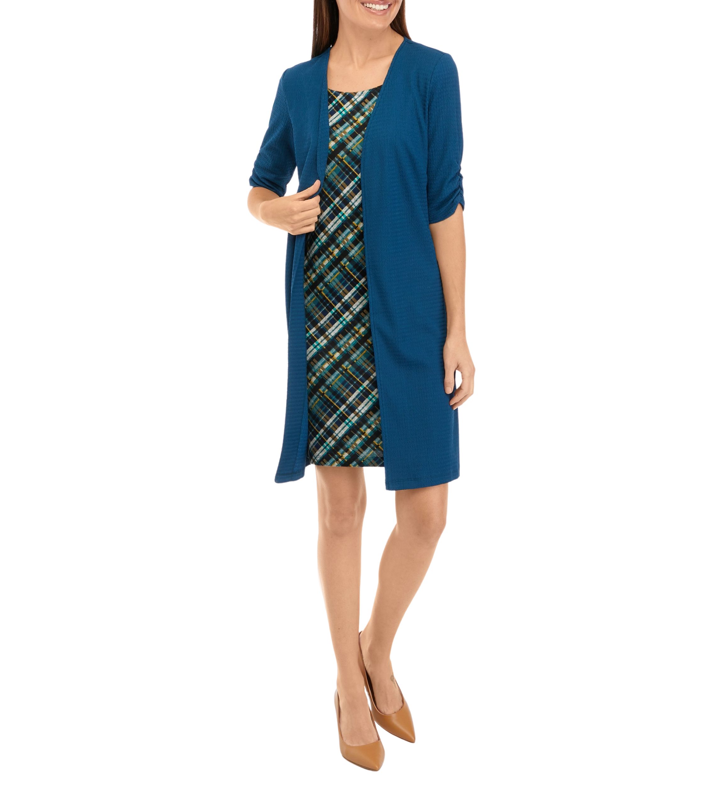 Womens Elbow Sleeve Plaid Jacket Dress