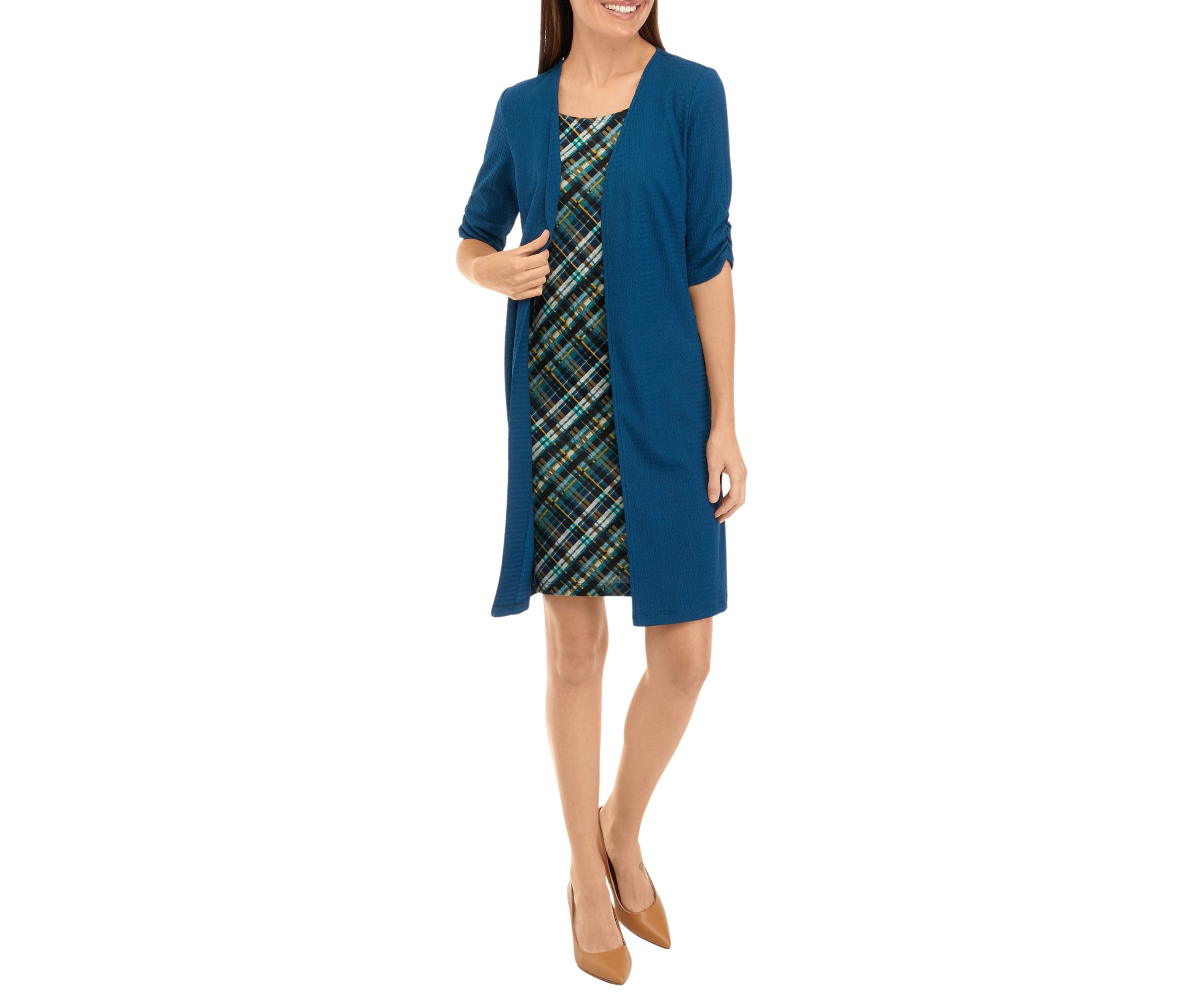 Womens Elbow Sleeve Plaid Jacket Dress