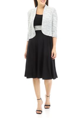 Women's Short Sleeve Textured Knit Two Tone Fit and Flare Jacket Dress