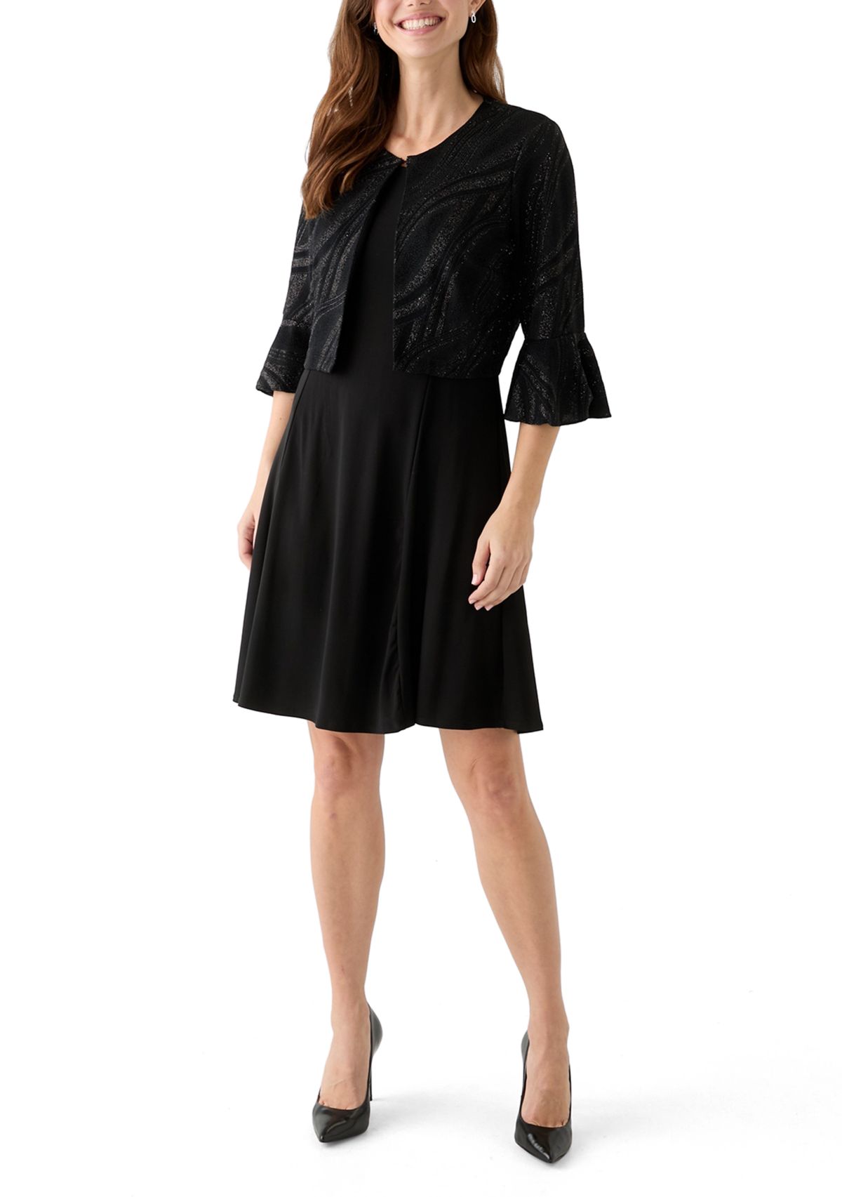 Womens 3/4 Bell Sleeve Swirl Knit Jacket Dress
