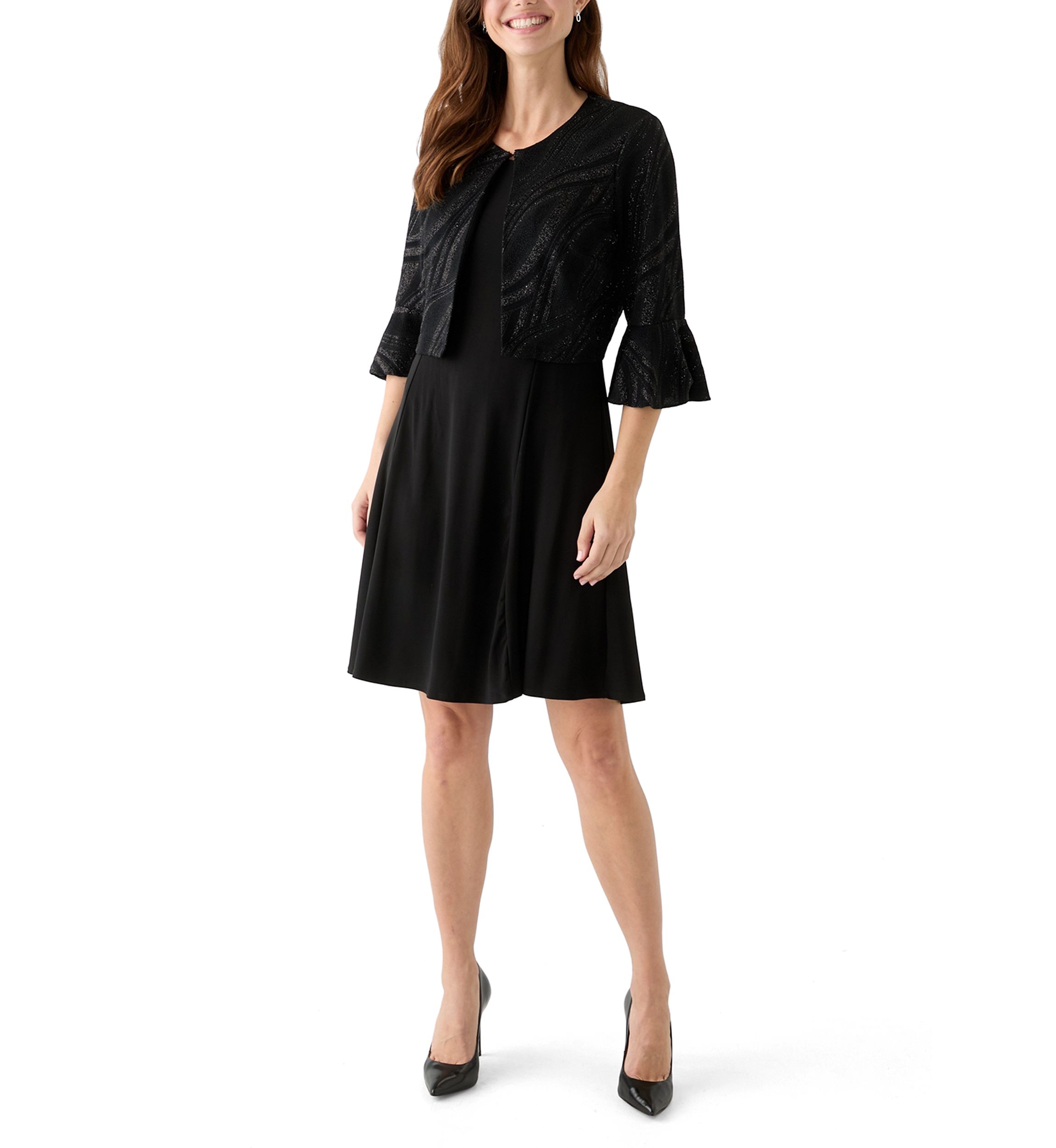 Womens 3/4 Bell Sleeve Swirl Knit Jacket Dress