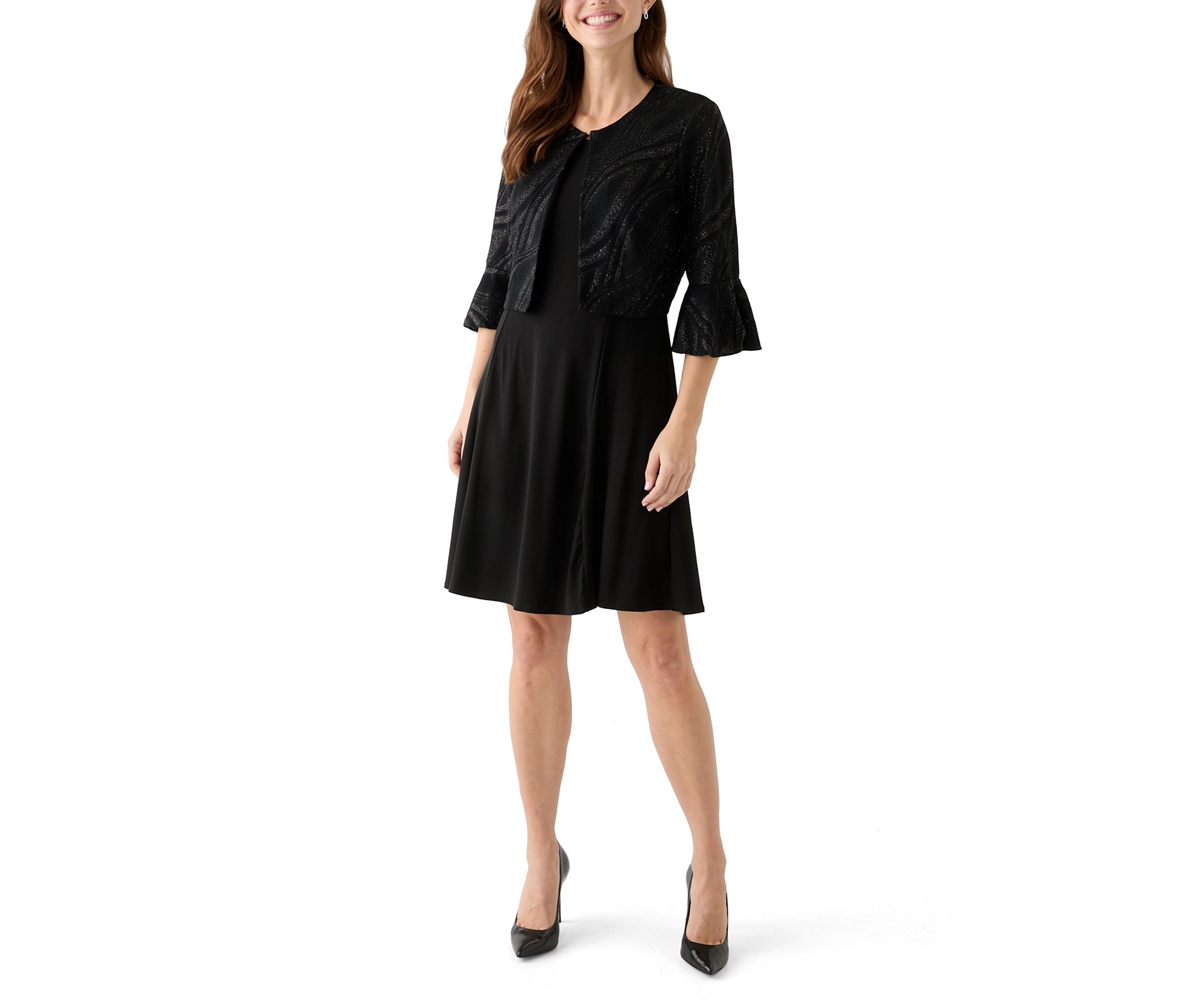 Womens 3/4 Bell Sleeve Swirl Knit Jacket Dress