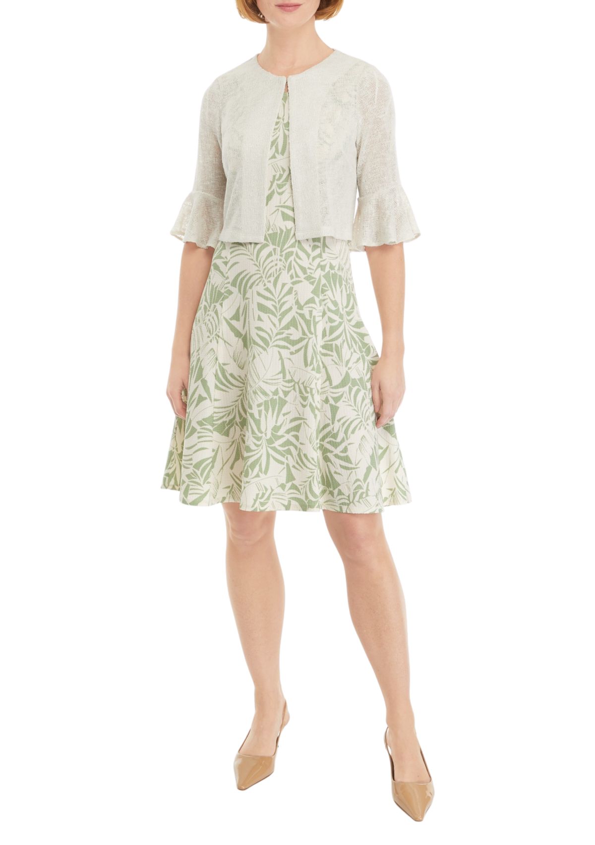 Womens 3/4 Bell Sleeve Leaf Print A-Line Jacket Dress