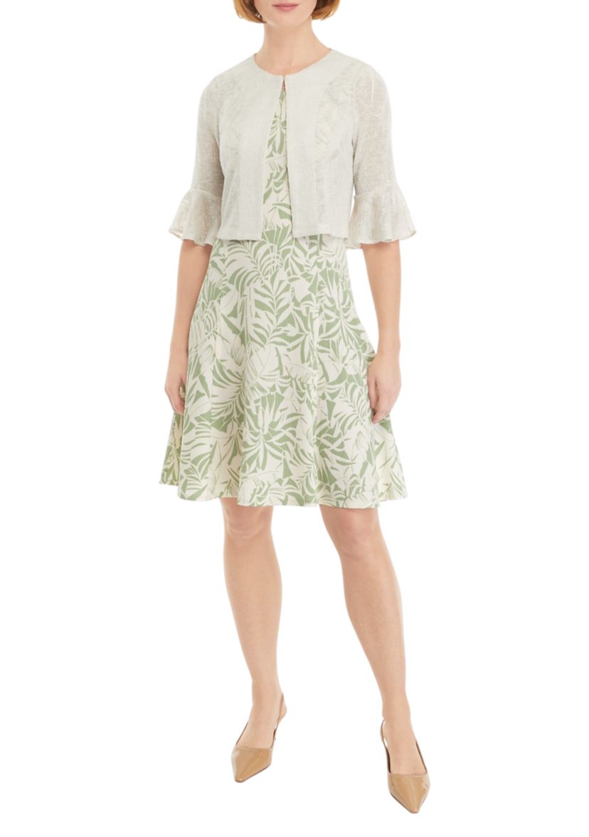 Womens 3/4 Bell Sleeve Leaf Print A-Line Jacket Dress