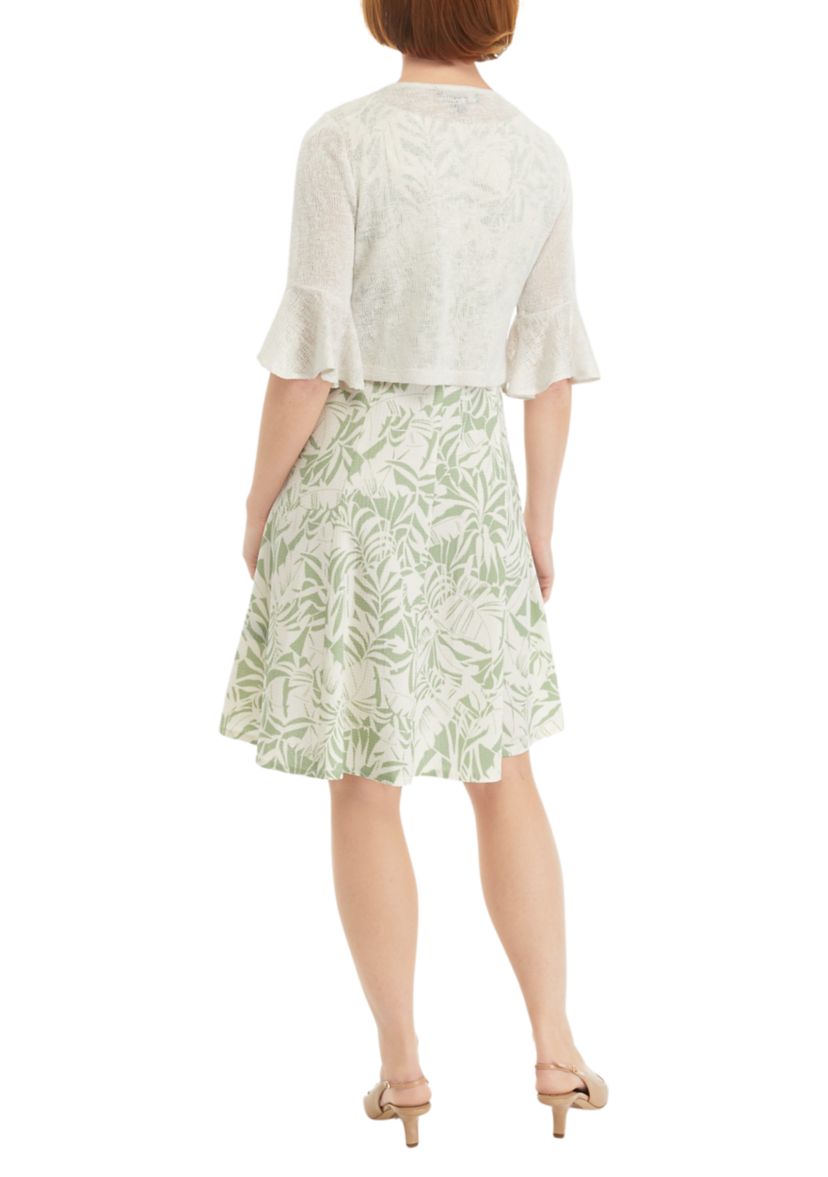 Womens 3/4 Bell Sleeve Leaf Print A-Line Jacket Dress