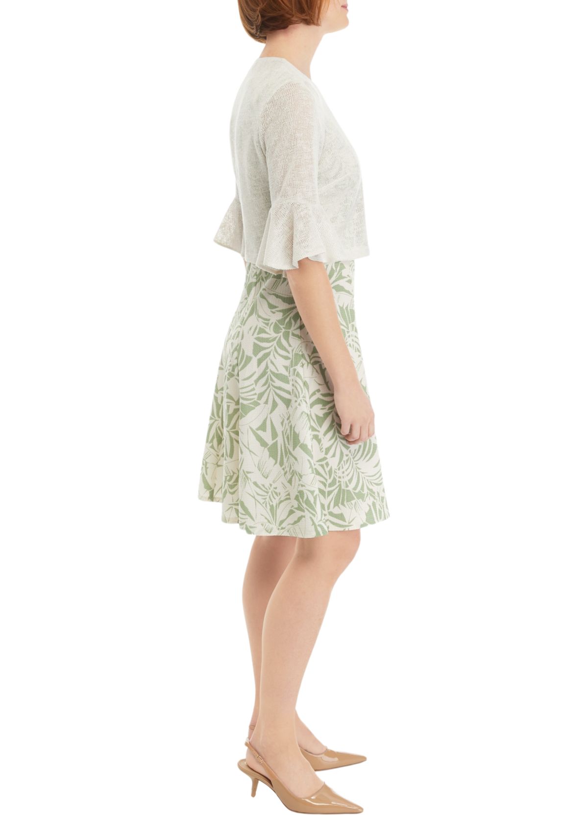 Womens 3/4 Bell Sleeve Leaf Print A-Line Jacket Dress