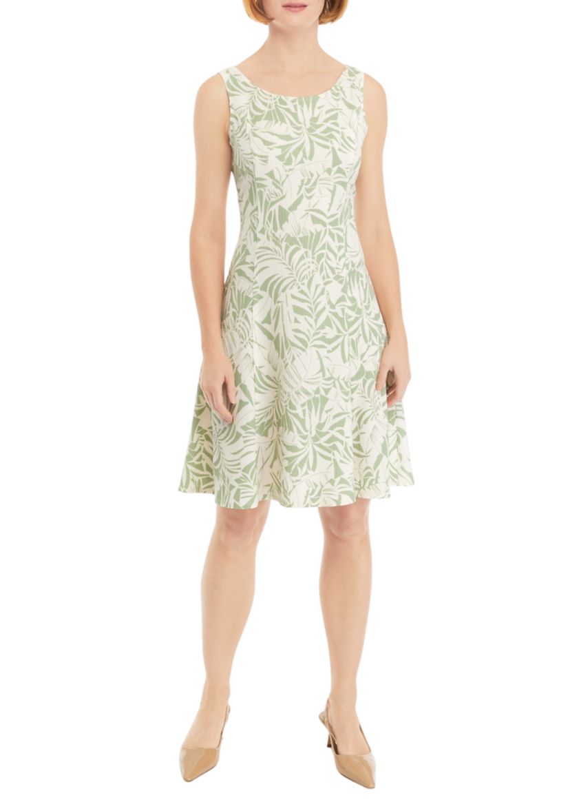 Womens 3/4 Bell Sleeve Leaf Print A-Line Jacket Dress