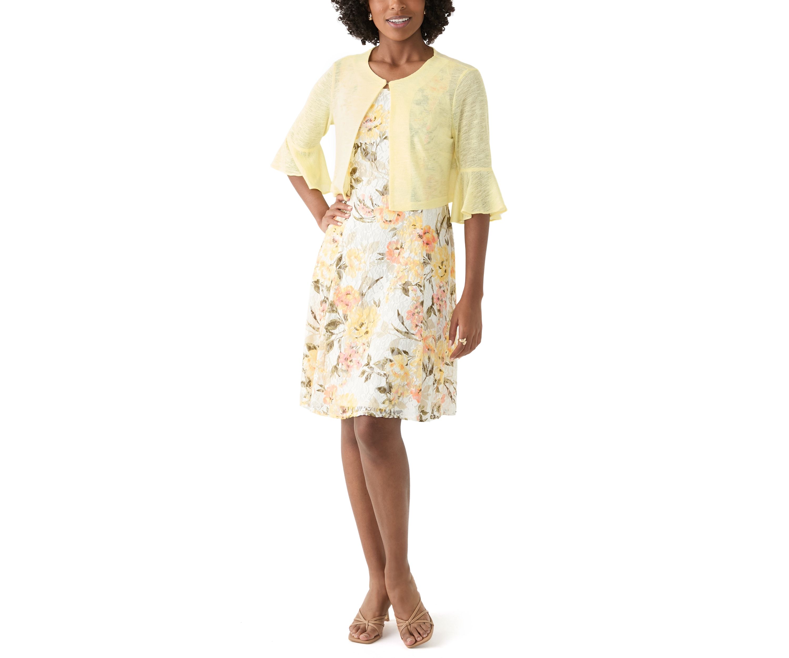   Womens Floral Dress and Solid Bell Sleeve Jacket 