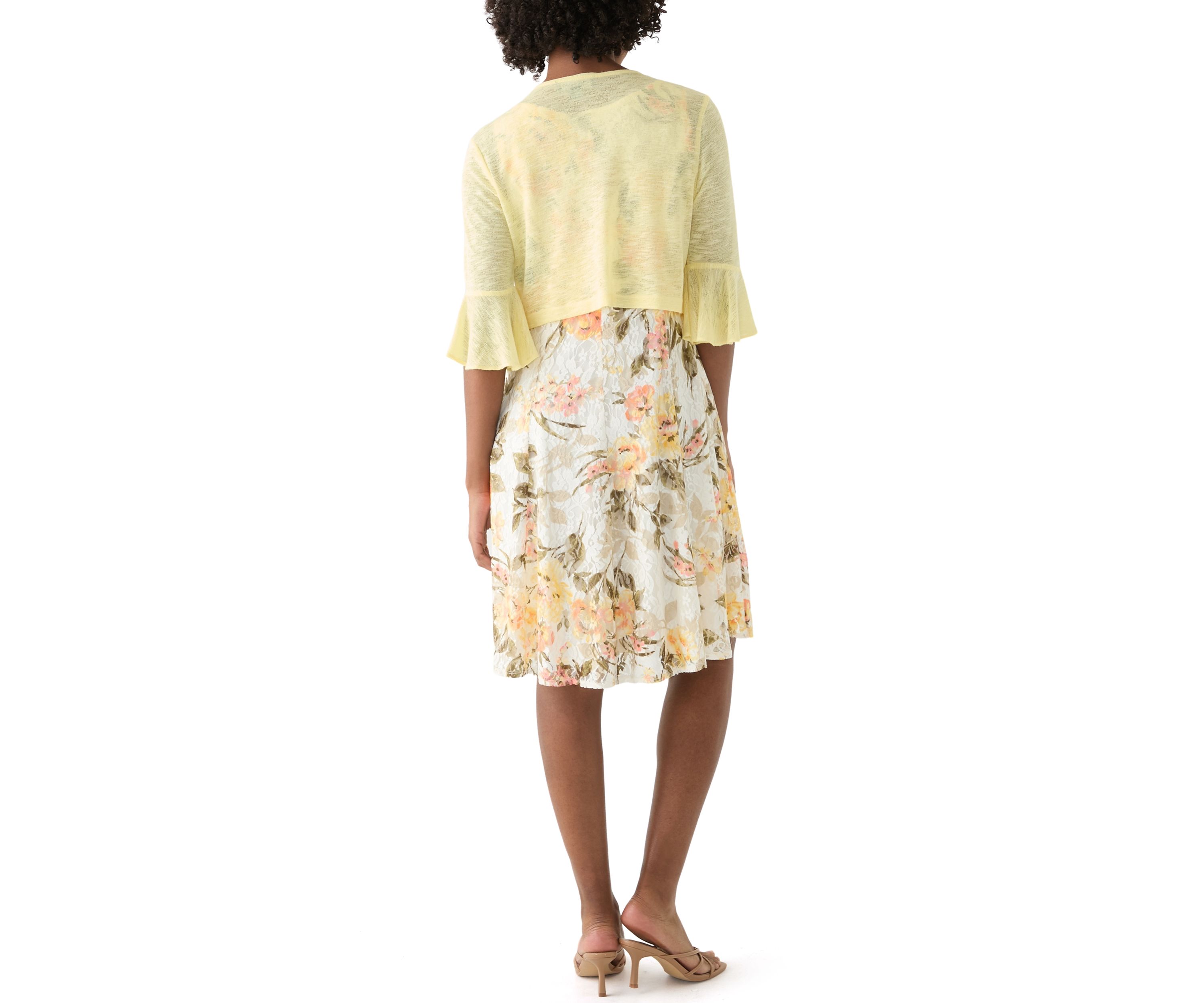   Womens Floral Dress and Solid Bell Sleeve Jacket 