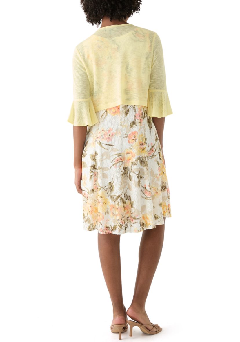   Womens Floral Dress and Solid Bell Sleeve Jacket 