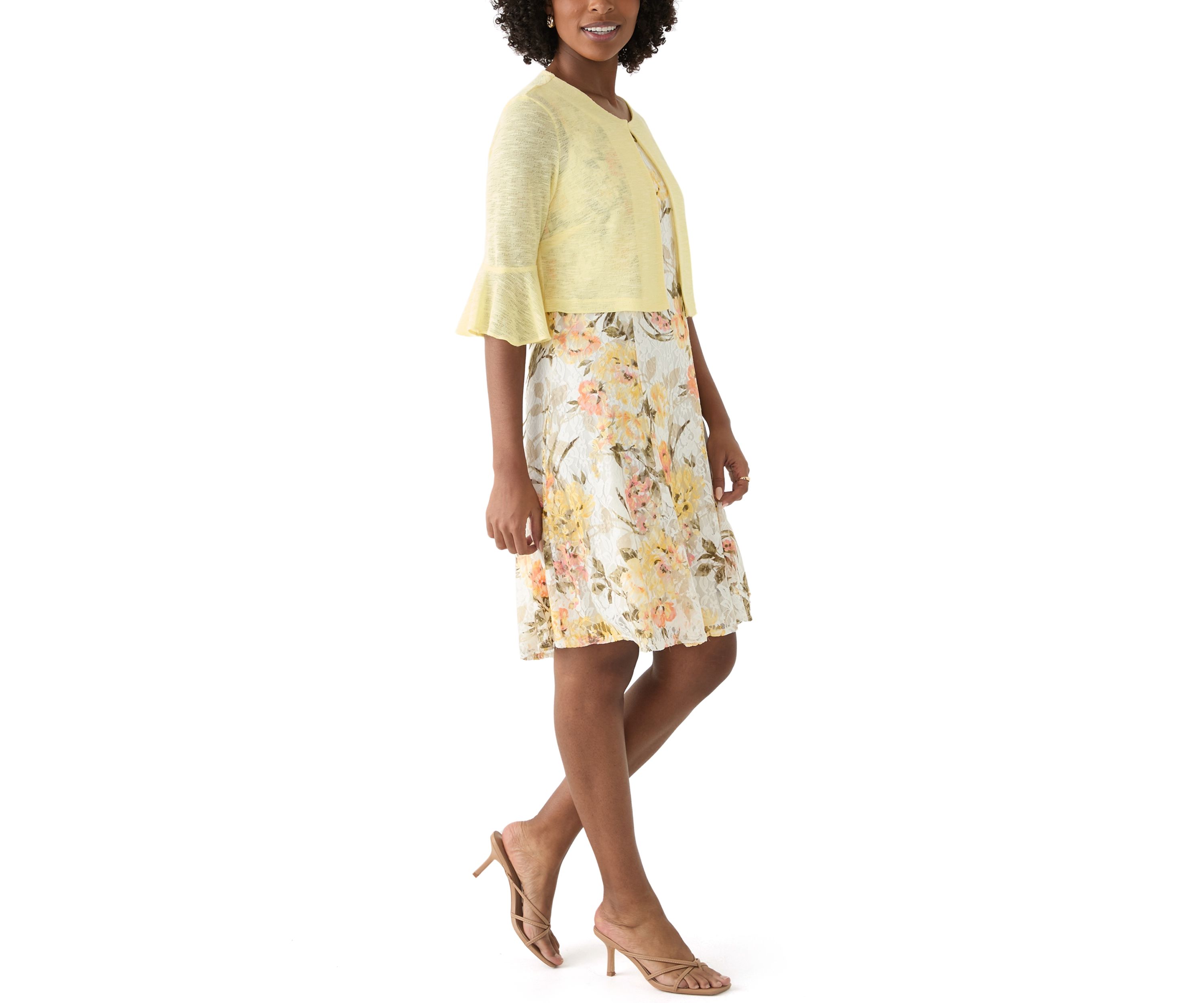   Womens Floral Dress and Solid Bell Sleeve Jacket 