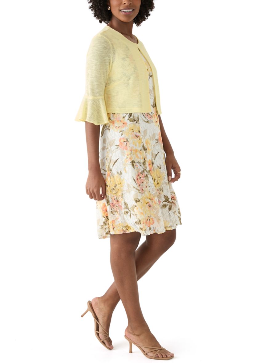   Womens Floral Dress and Solid Bell Sleeve Jacket 