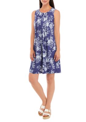 Women's Sleeveless Seam Down Denim Floral A-Line Dress