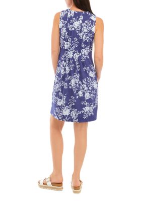 Women's Sleeveless Seam Down Denim Floral A-Line Dress