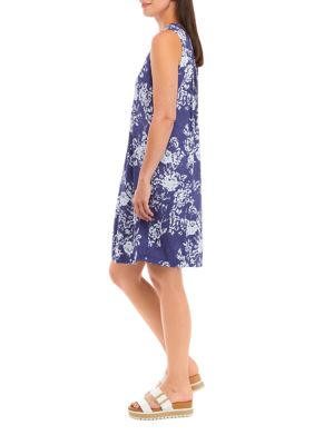 Women's Sleeveless Seam Down Denim Floral A-Line Dress